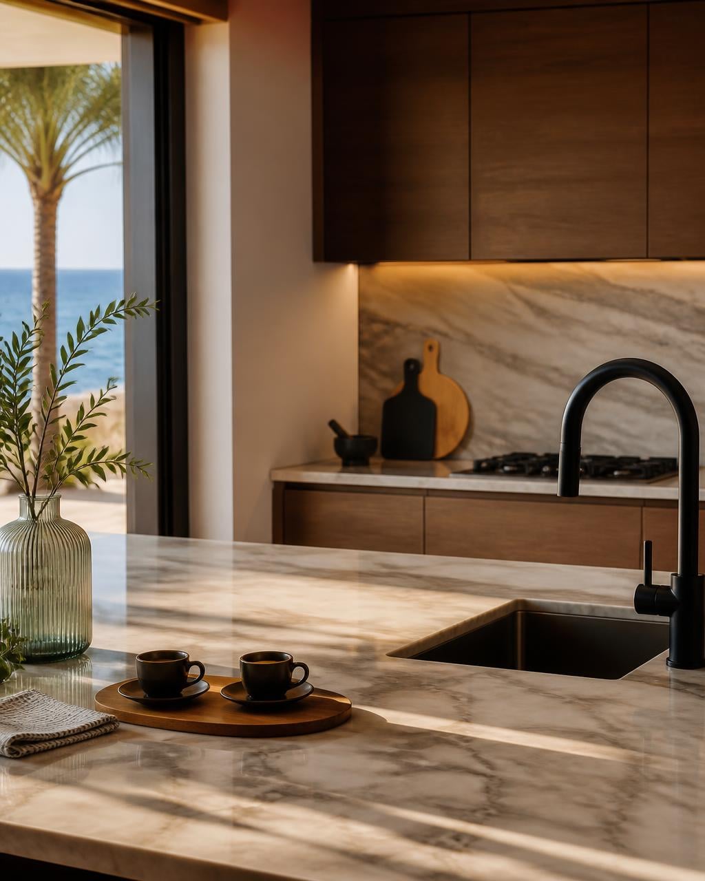 Modern kitchen with marble counters